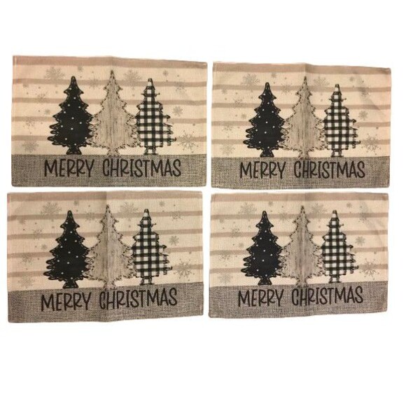 4 Piece Placemat Set Christmas Trees Merry Christmas Polyester 12x18in NEW beige - Picture 1 of 2